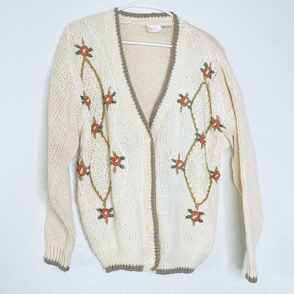 Needles & Yarn Vintage Cable Knit Cottagecore Floral Button Front Cardigan Large